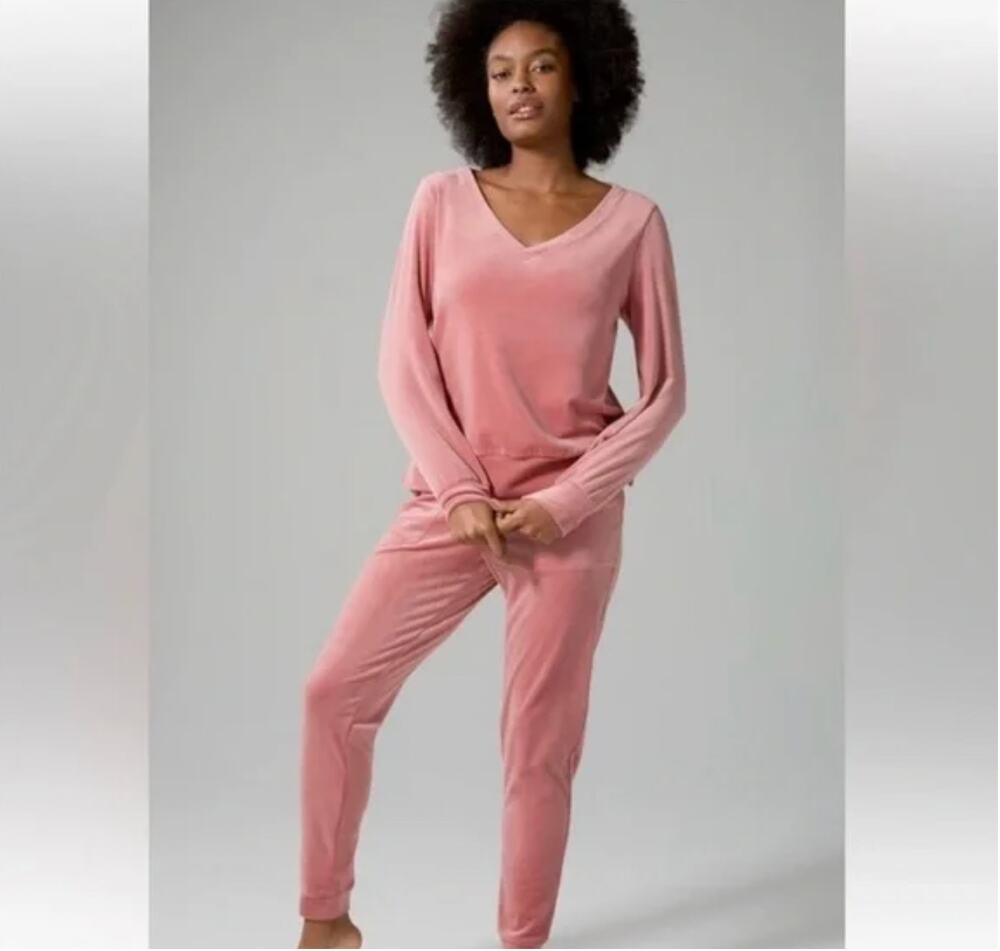 Soma Weekend Velour Pajama Set Pants V neck top pink mauve Large